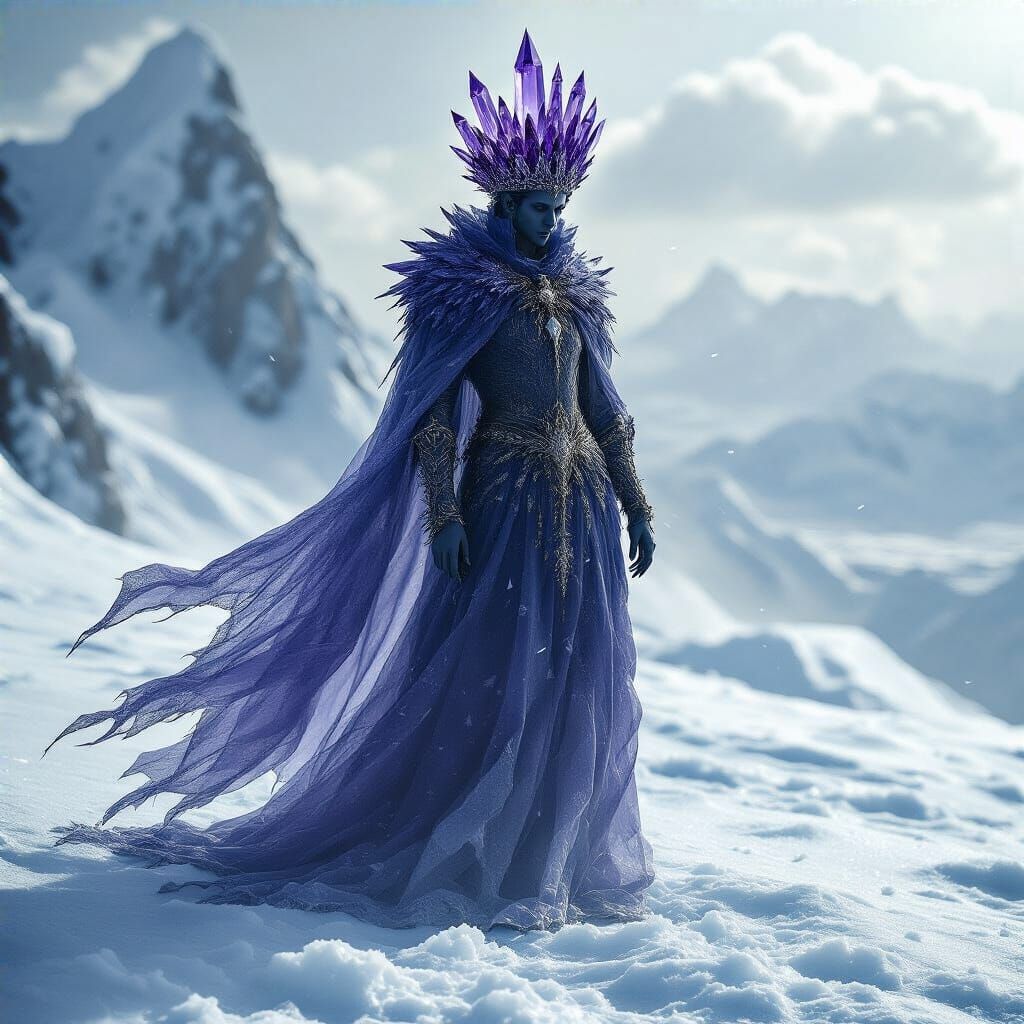 Sapphire Ice Figure Crowned with Amethyst on Glacier