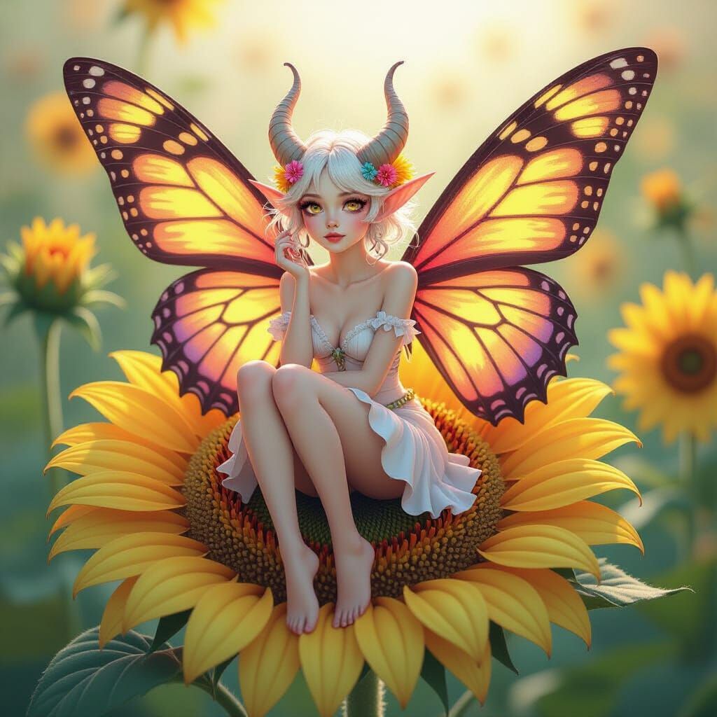 Fairy Demon on Sunflower with Butterfly Wings