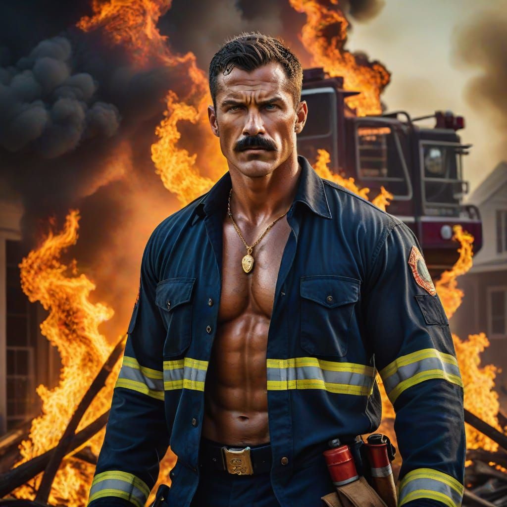 Handsome Firefighter Amidst Raging Inferno