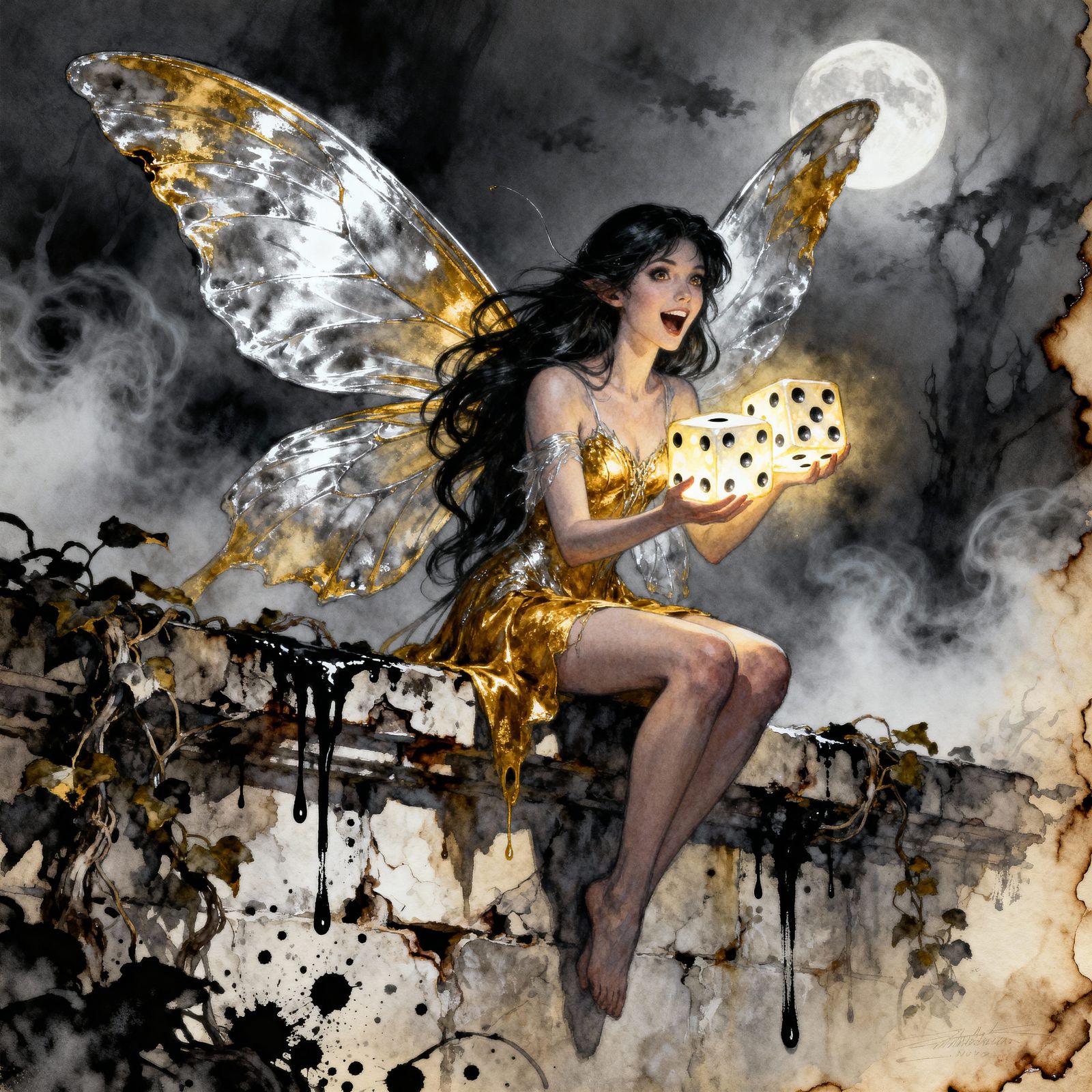 Fantasy Faerie With Glowing Dice on Moonlit Wall