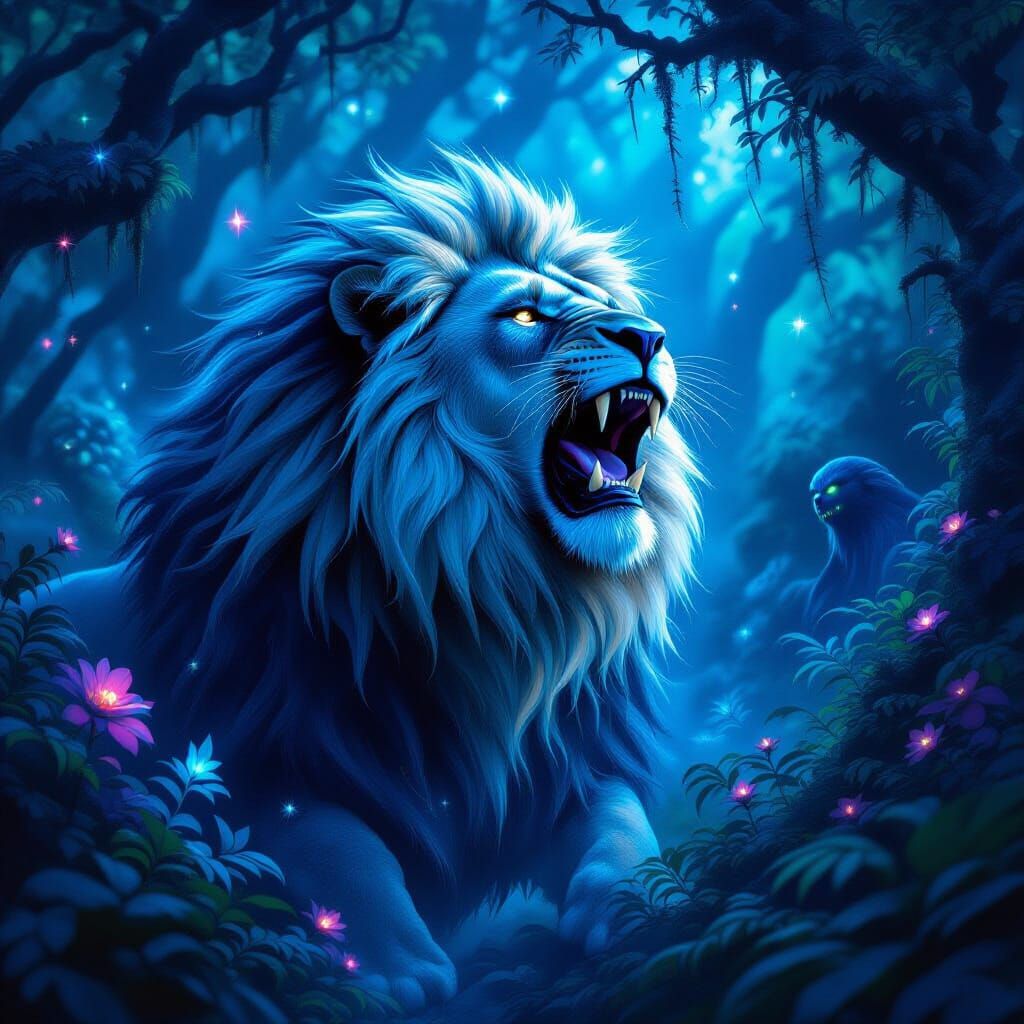 Majestic Blue Lion Roaring in Bioluminescent Forest
