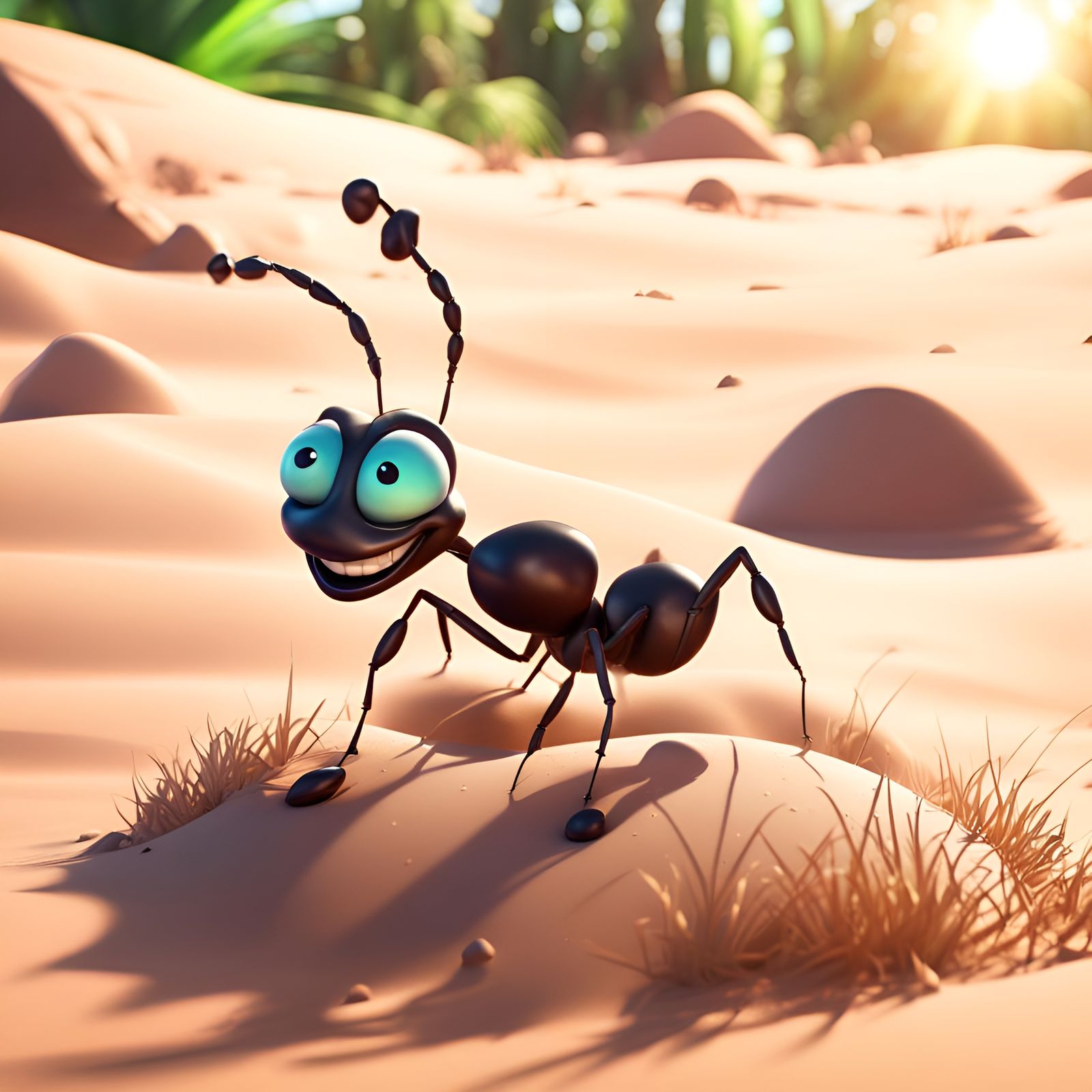 smiling ant in the sand on a sunny day , Pixar, Disney, concept art, 3d digital art, Maya 3D, ZBrush Central 3D shading,...