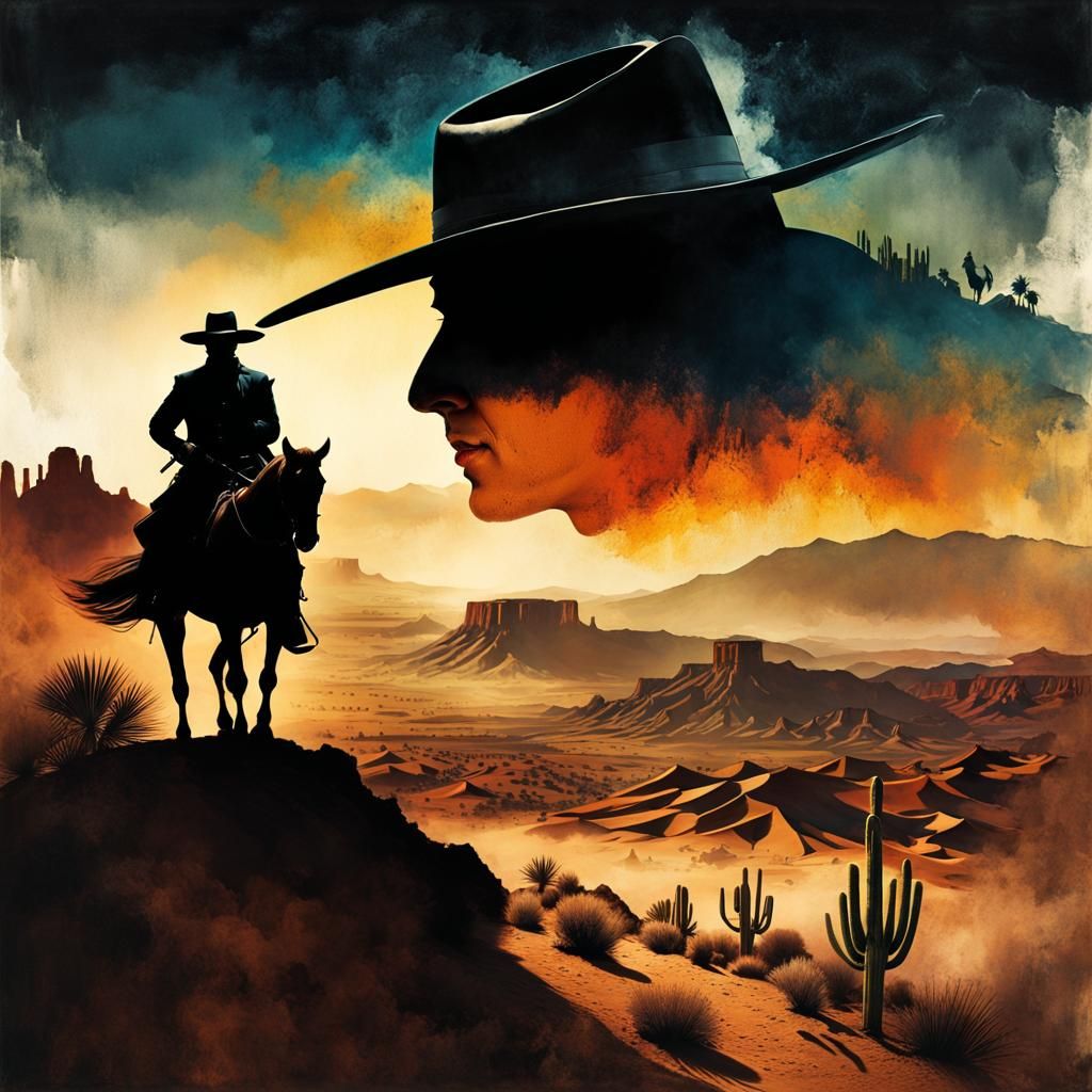 Zorro Portrait in Wild West Double Exposure
