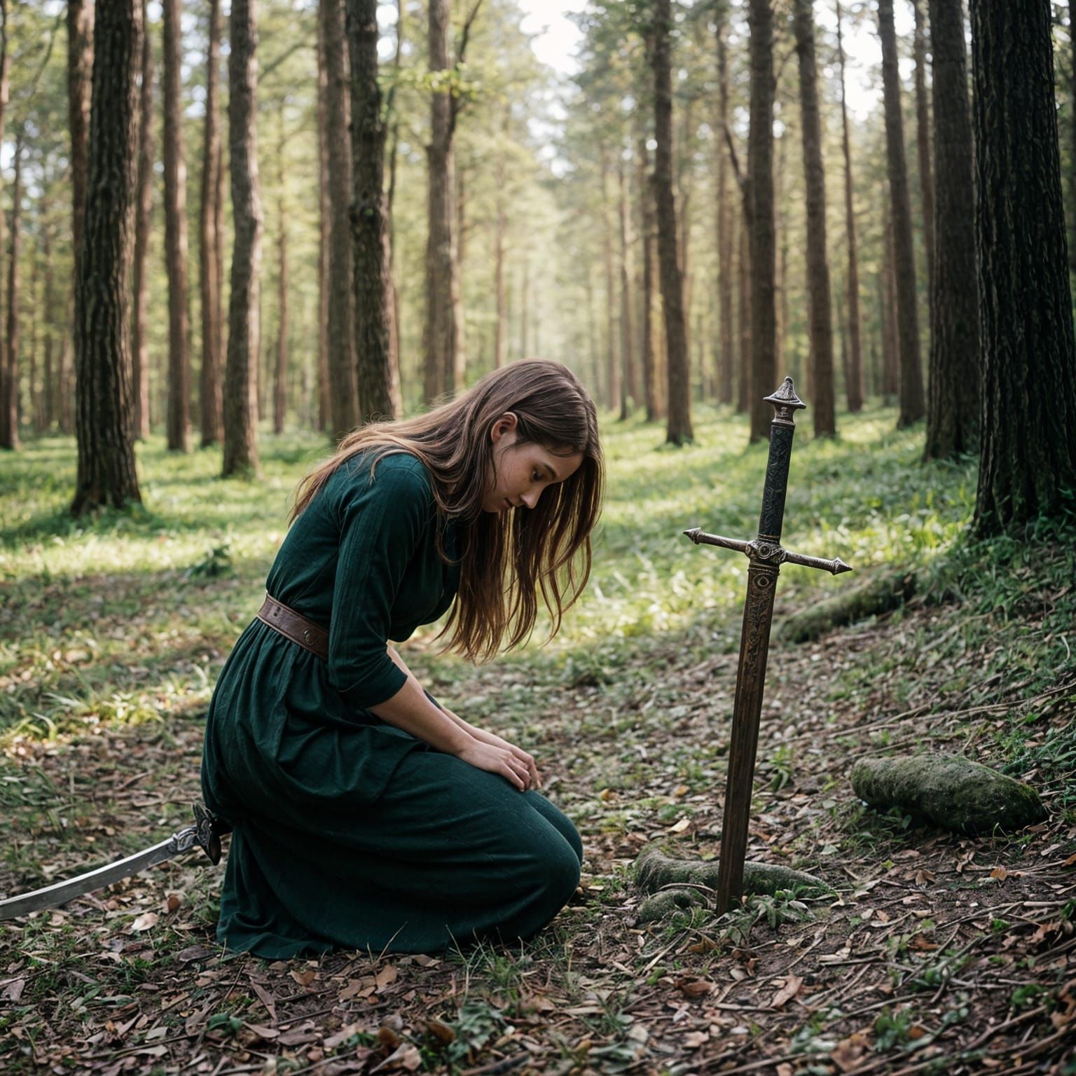 Woman Kneeling with Sword in Forest