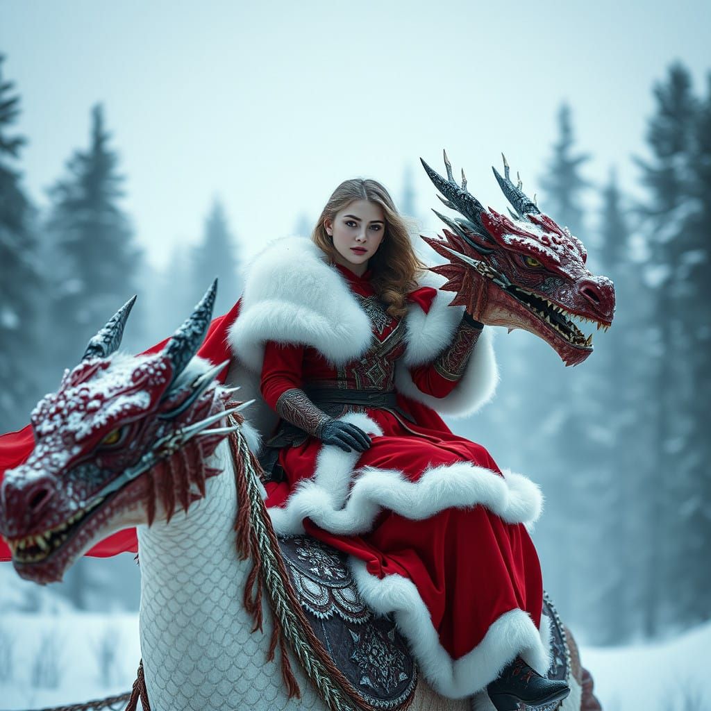Hyperrealistic Woman Rides Dragon in Snowy Forest