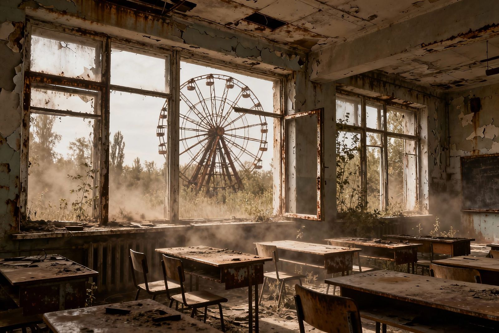 Abandoned Pripyat Classroom with Chernobyl Ferris Wheel View