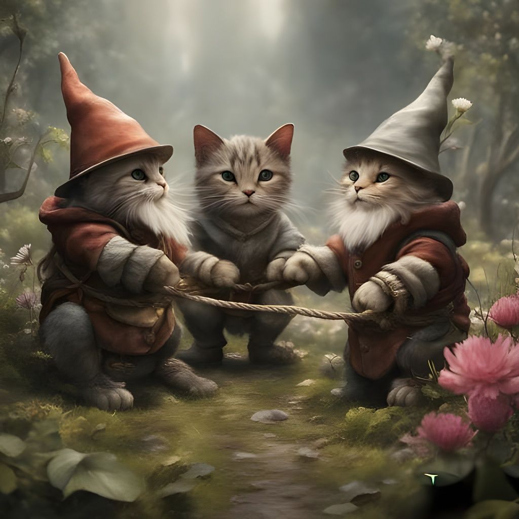 Adorable Cat Gnomes Play Tug of War