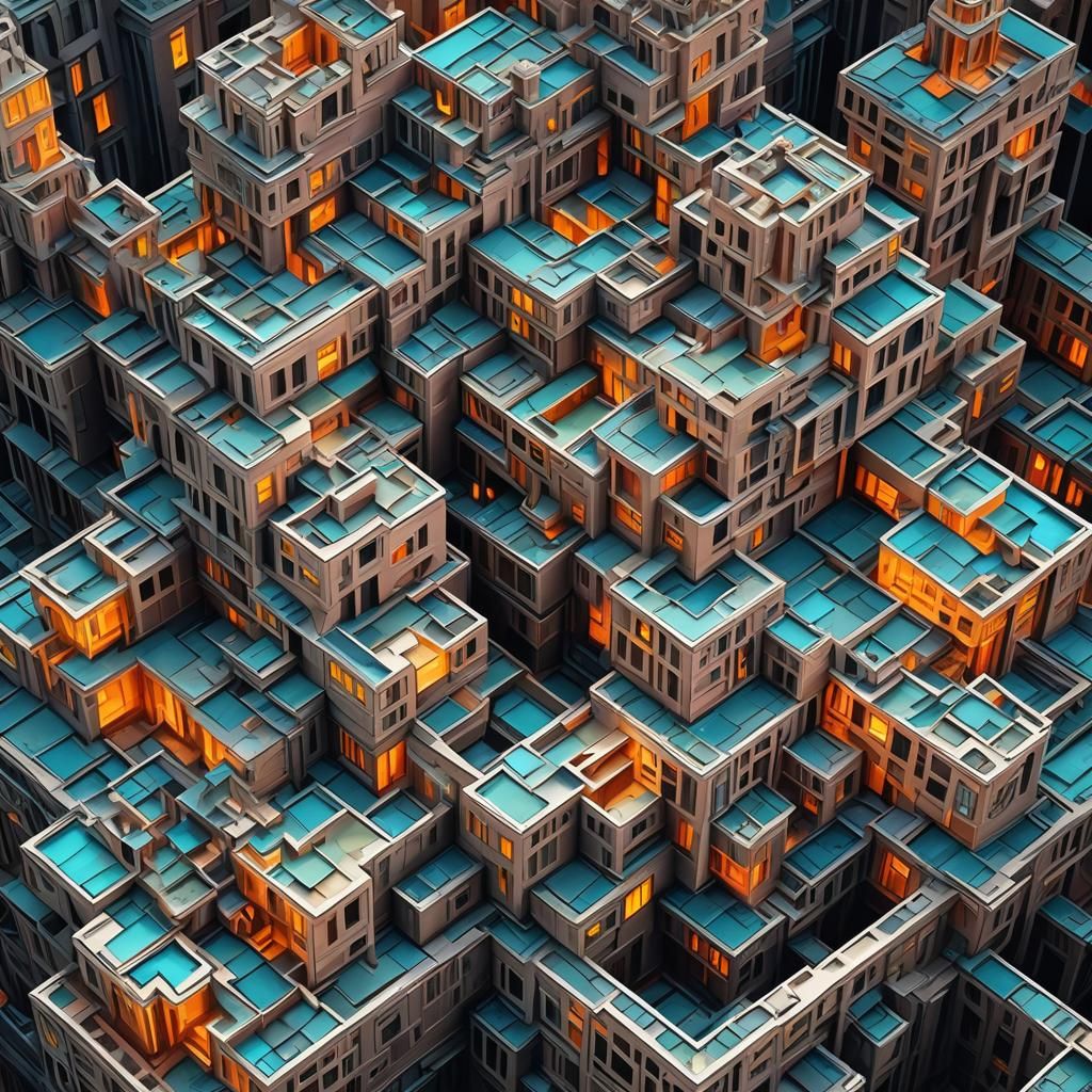 Escher-Inspired Low-Poly Building About to Collapse