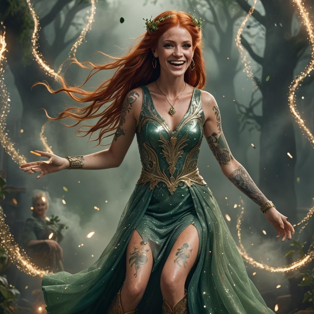 Redhead Dancing in Glittery Fog, Detailed Digital Art