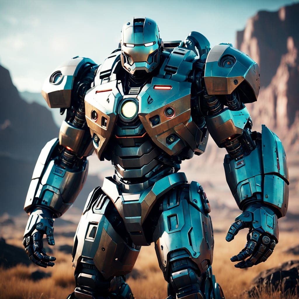 Retro-Futuristic Mech Suit in a Sci-Fi Landscape