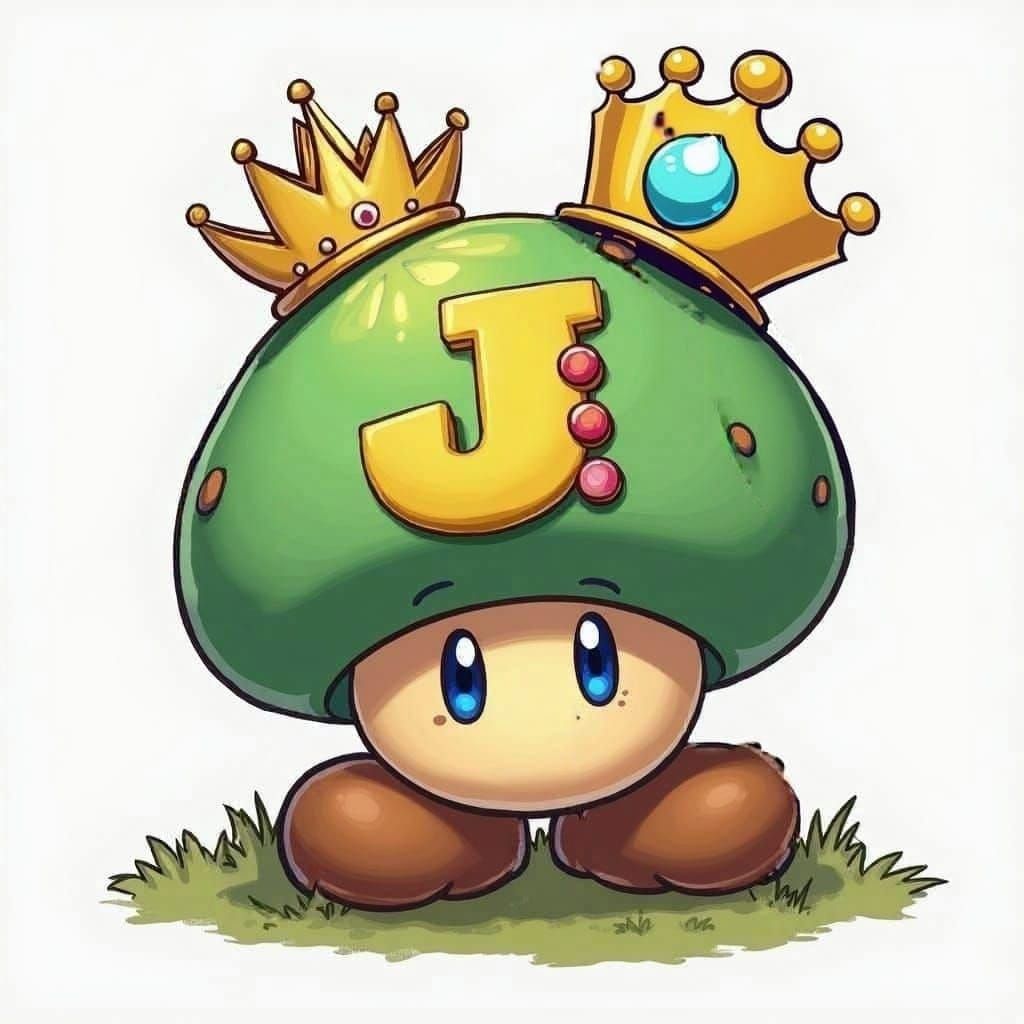 Bright Blue Eyed Mushroom Hero in Cartoon Crown