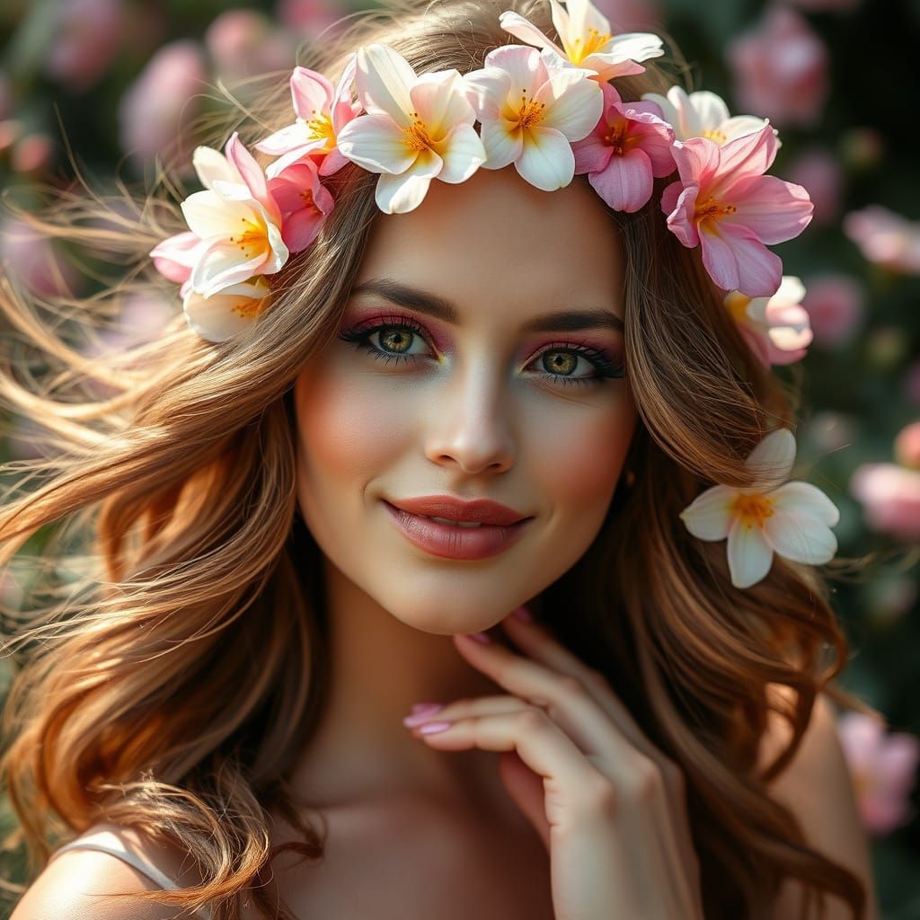 Ethereal Model with Floral Makeup in Blooming Garden