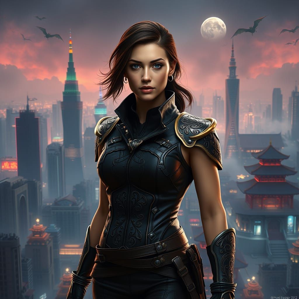 Heroic Shanghai Guardian in Cyberpunk Fantasy