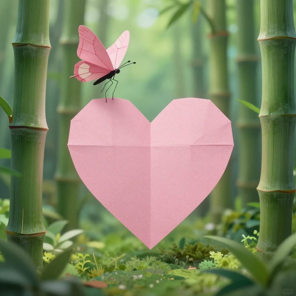 Pink Bamboo Heart in Forest with Butterfly Origami Art