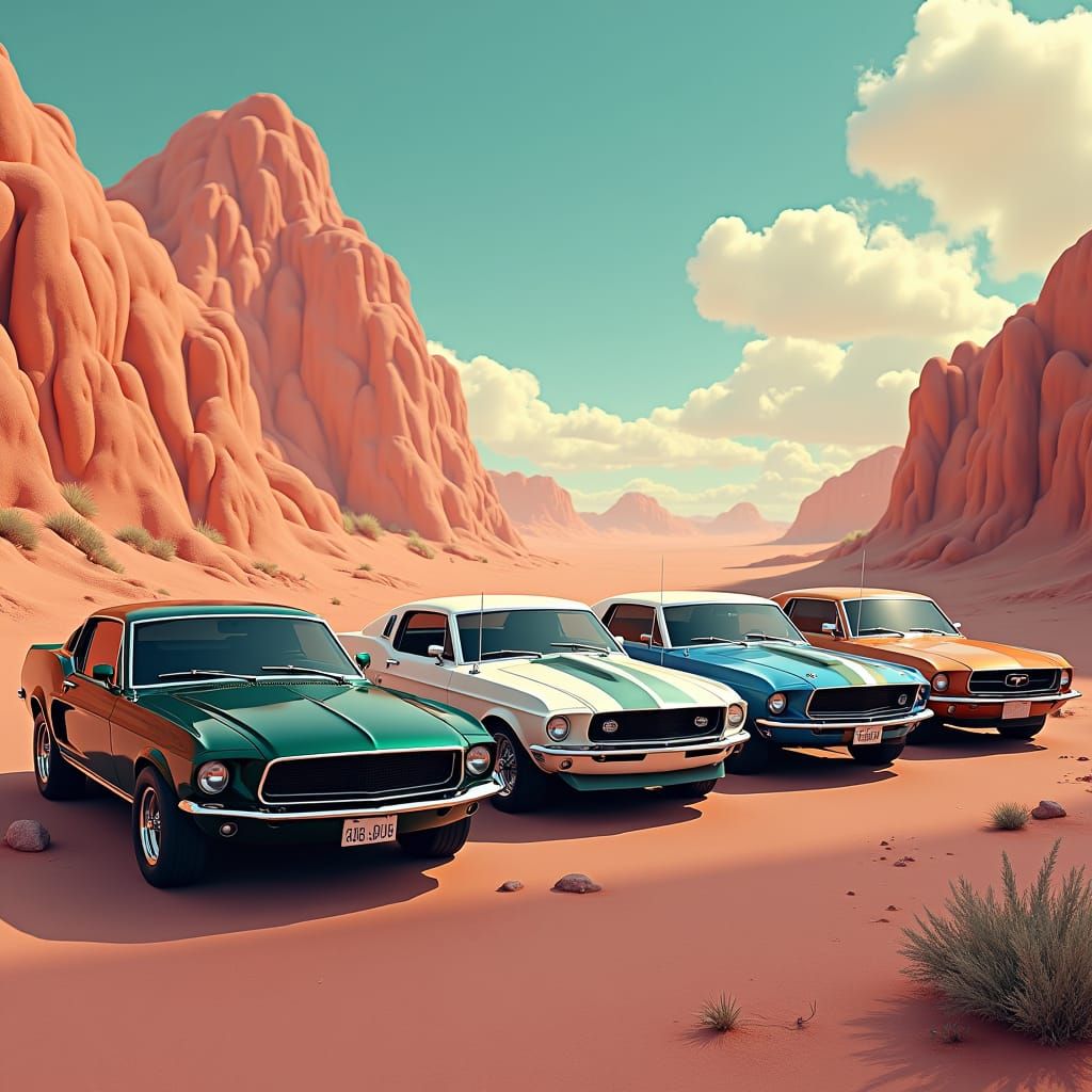 Classic American Muscle Cars in Surreal Sci-Fi Landscape