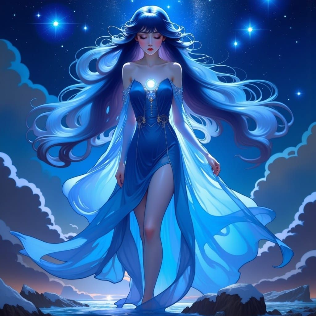 Celestial Anime Woman with Galaxy Hair