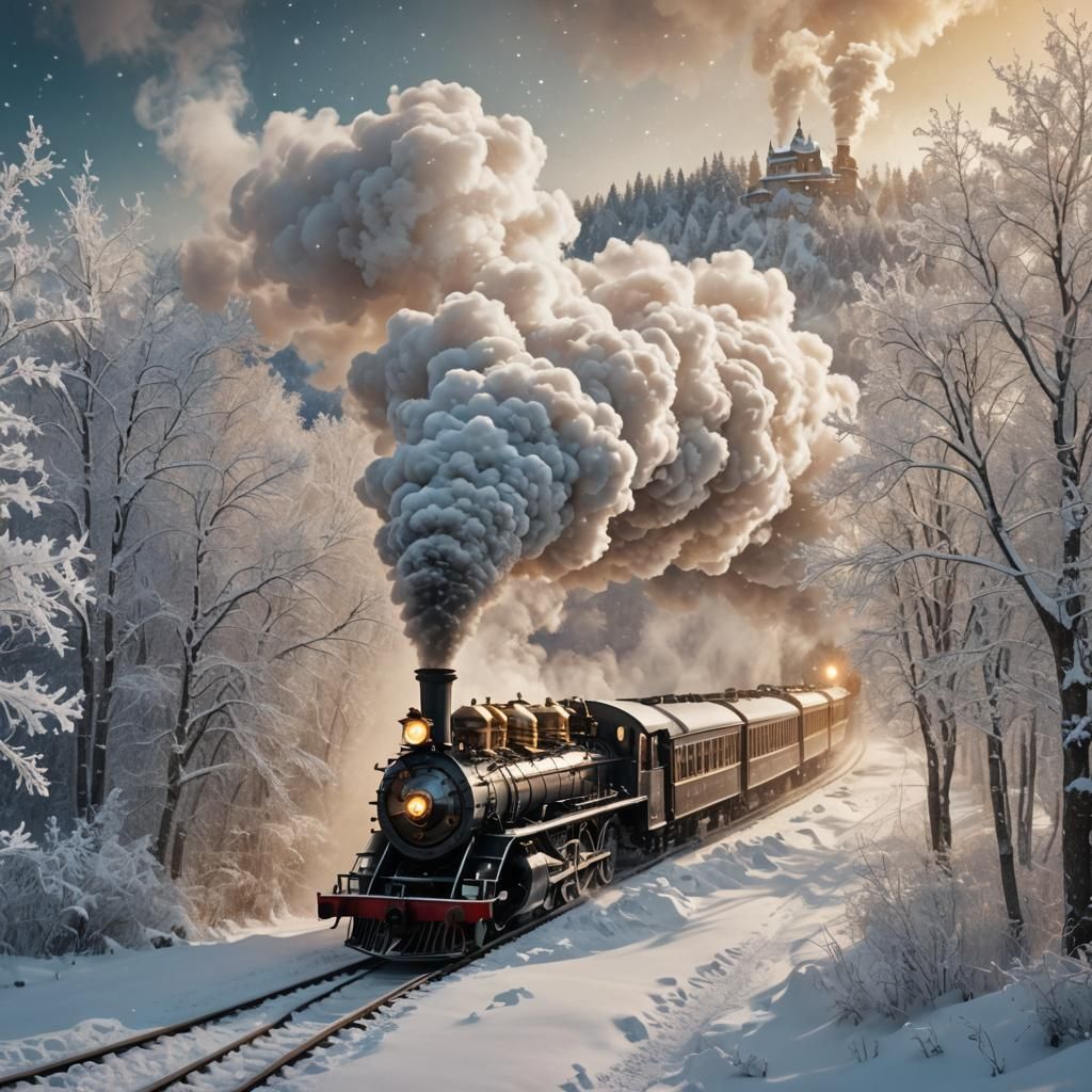 Whimsical Winter Train in Siberian Landscape