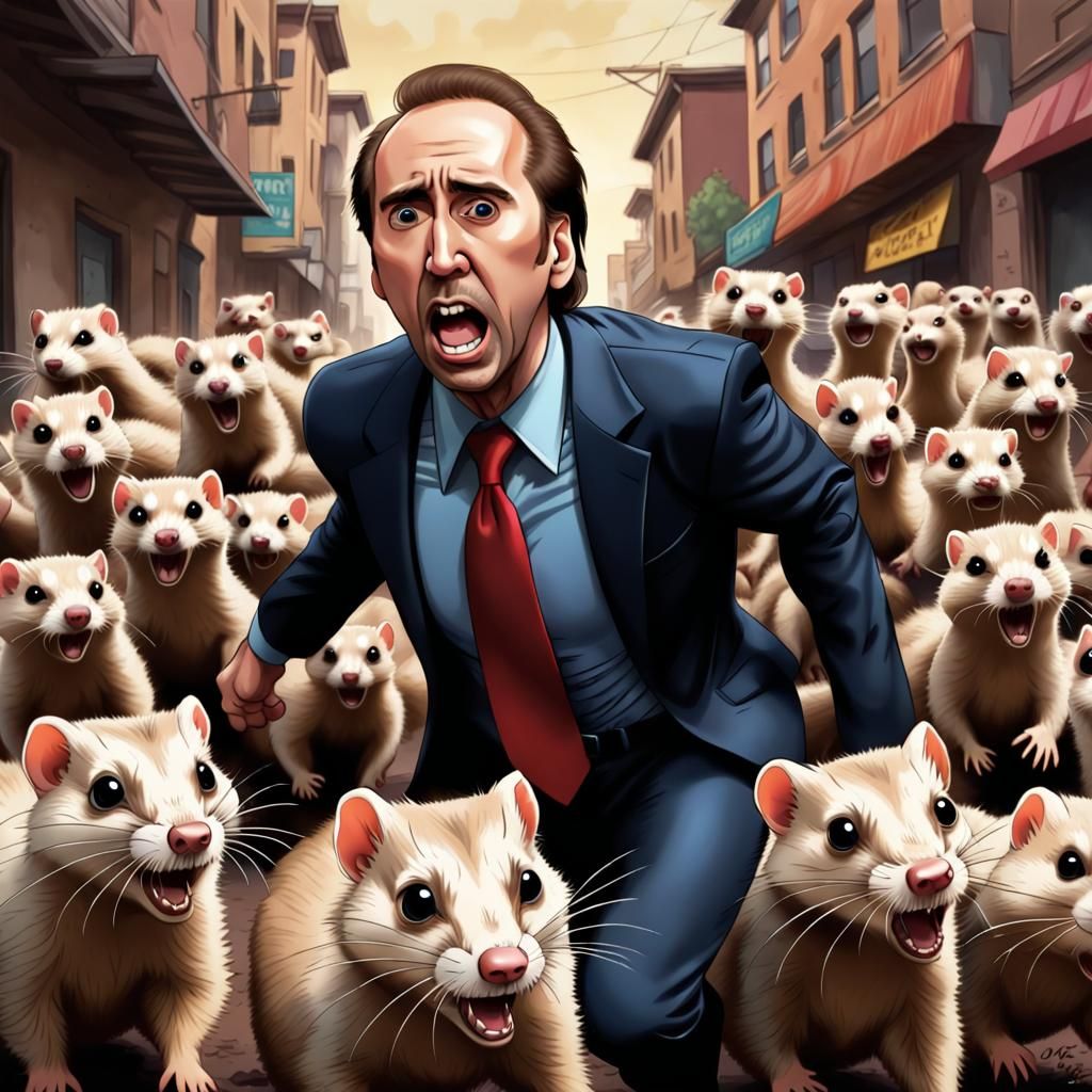 Cartoon Nicholas Cage Chased by Ferrets