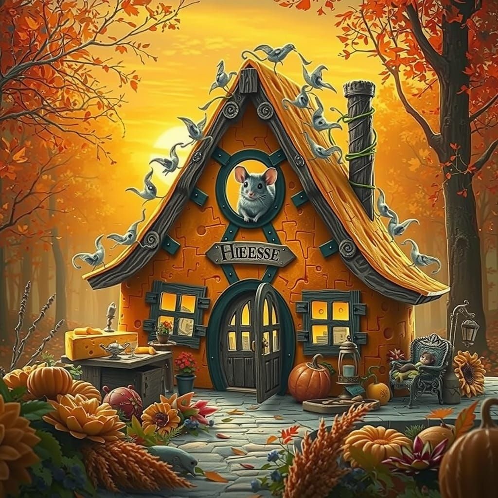 Dreamlike Cheese House Scene with Adorable Mouse in Autumn F...