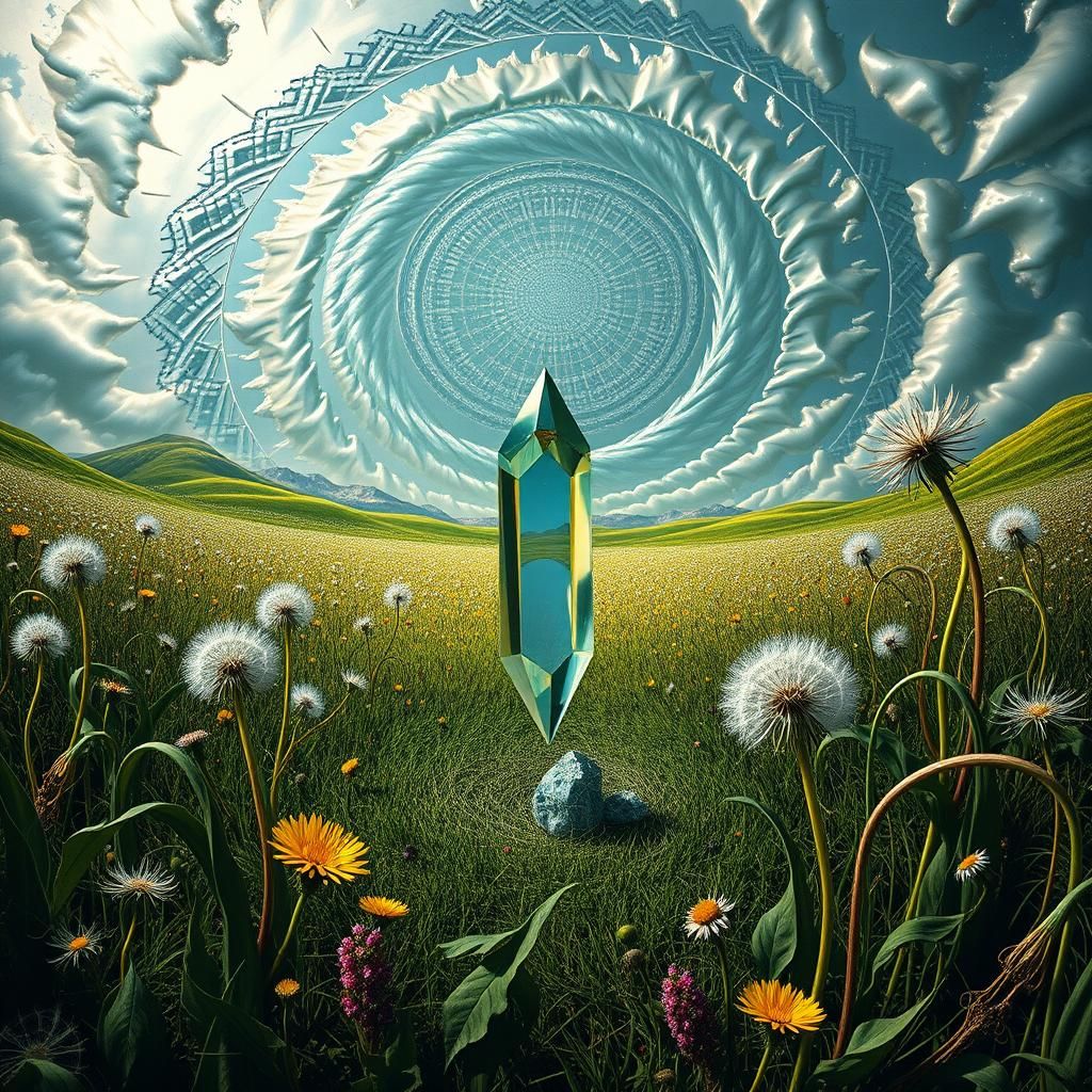 Surreal Landscape with Elastic Flora and Crystal Vortex