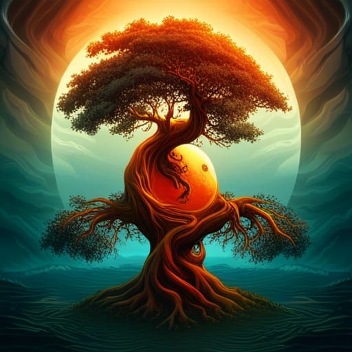 Yin Yang Tree of Life in Teal and Orange