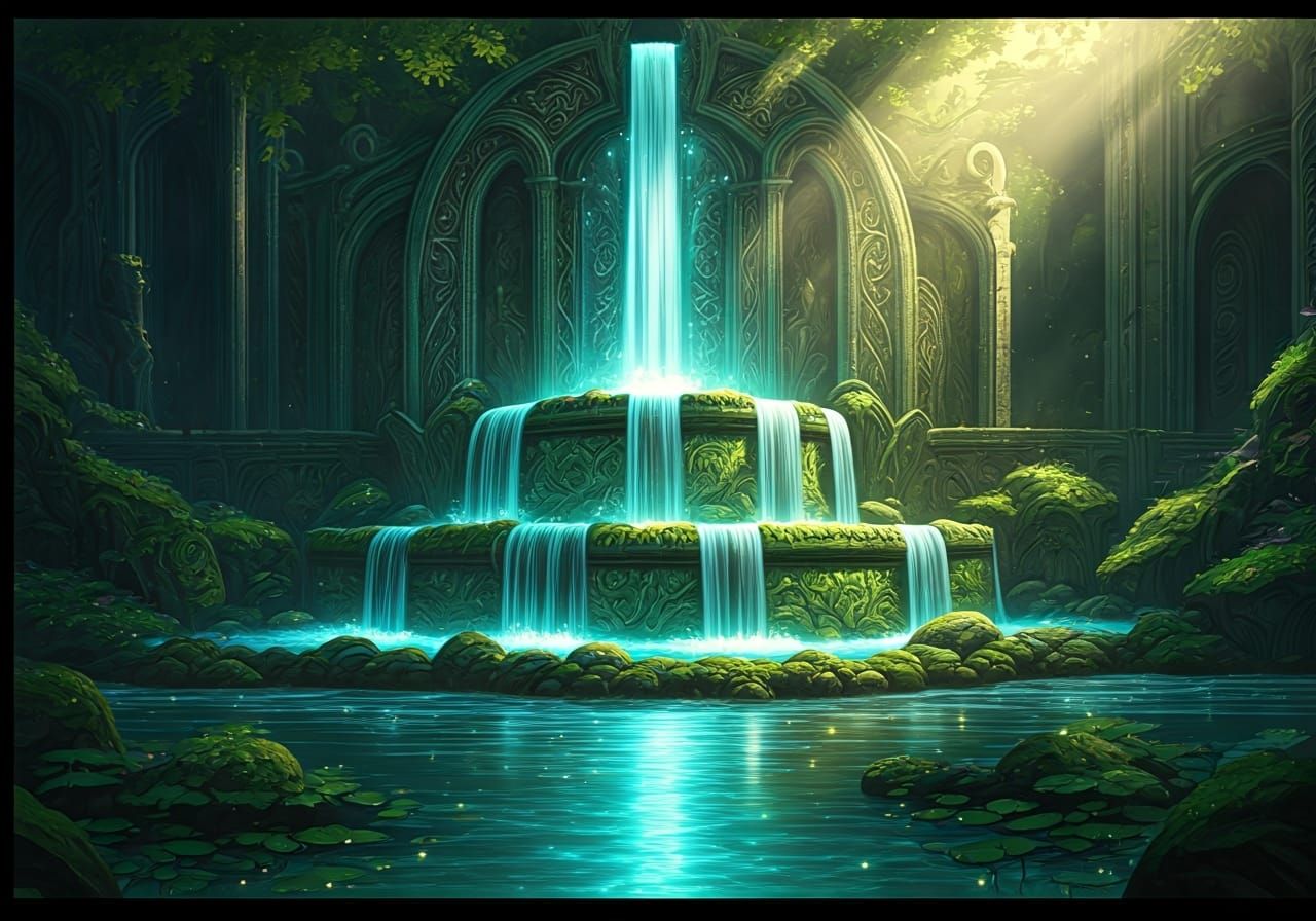 Bioluminescent Fountain in Elven City, Art Nouveau Style