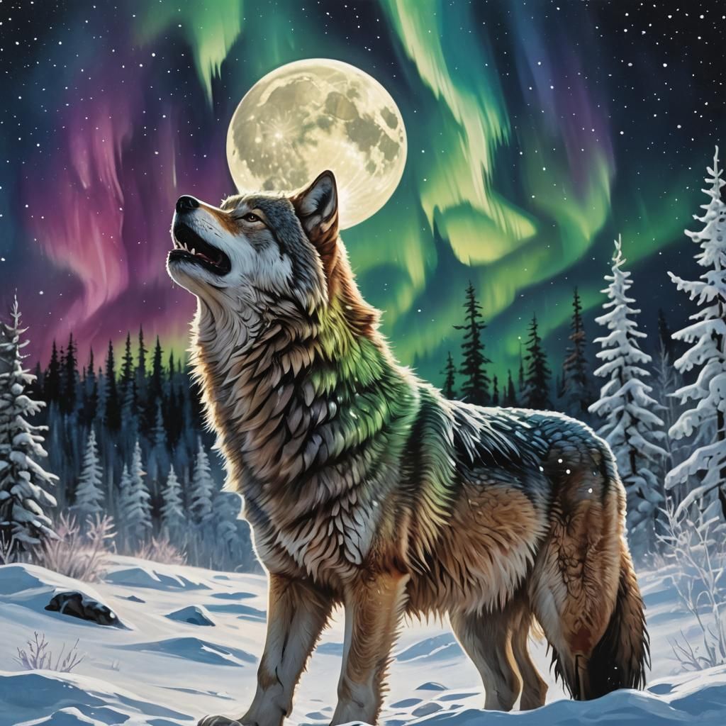 Lone Wolf Howling at Moon Under Aurora
