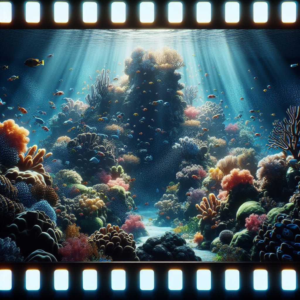 "A vibrant coral reef teeming with colorful fish, showcasing...