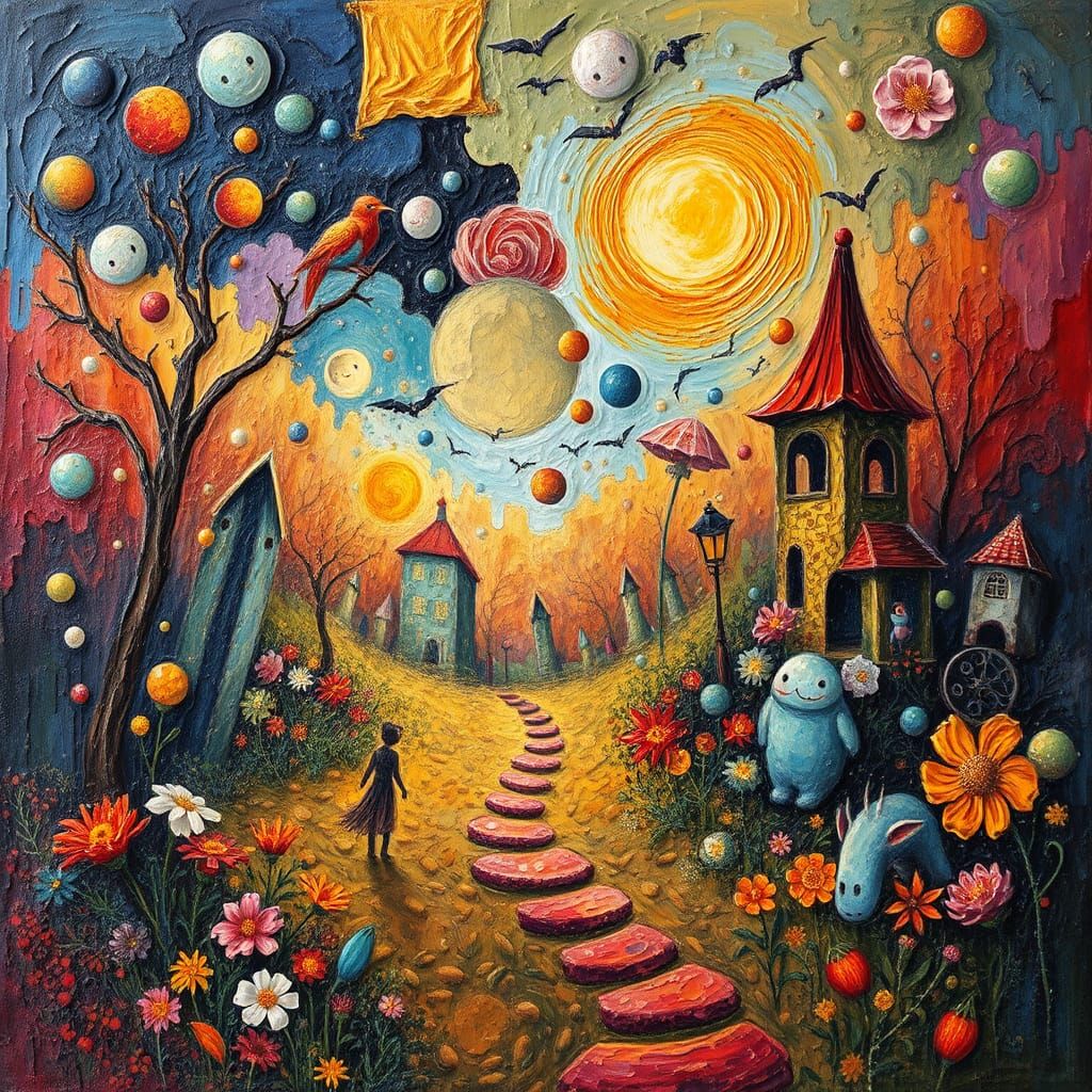 Impasto Fantasy Scene with Dreamlike Elements