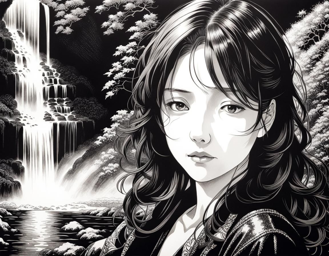 Yusuke Urameshi Portrait with Waterfalls in Scratchboard Sty...
