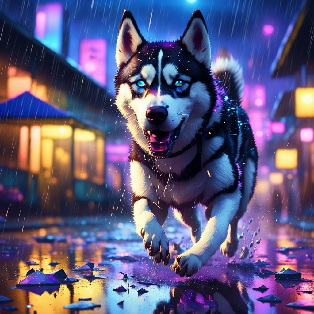 Neon Husky Sprinting Through Rainy Cityscape