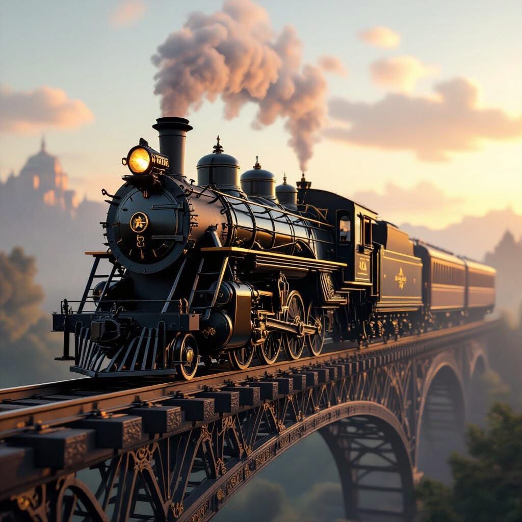 Steampunk Train on Bridge in Dreamy Landscape