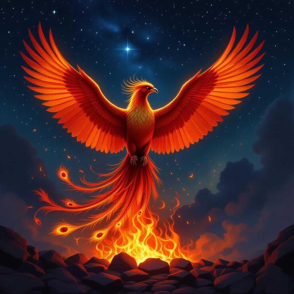 Majestic Phoenix Rises from Embers in Cosmic Night