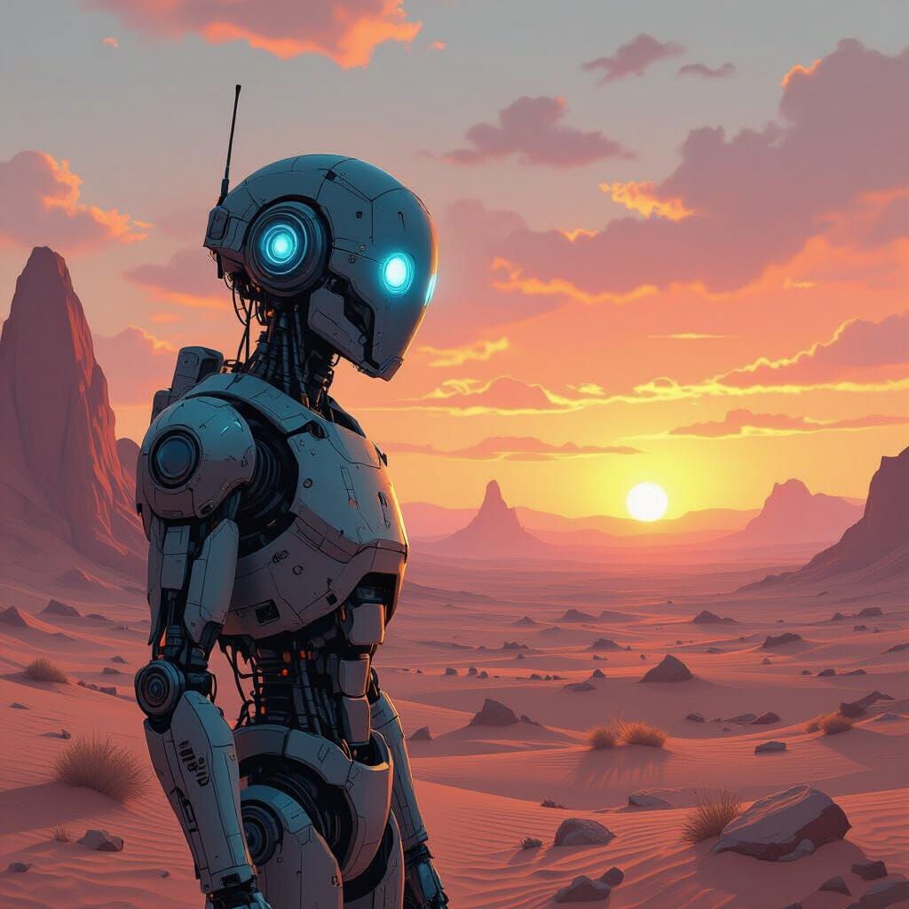 Robot Surveys Desert Under Binary Sunset
