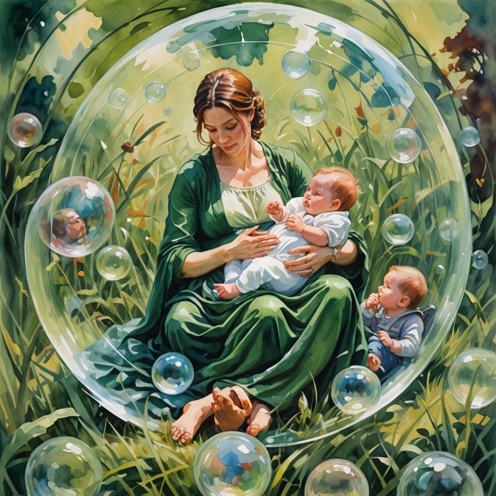 Mother and Child Protected by Bubble in Gouache Style