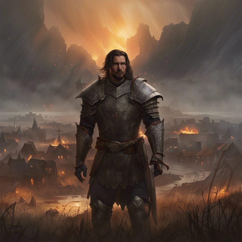 Dark Fantasy Warrior in a Burning Field