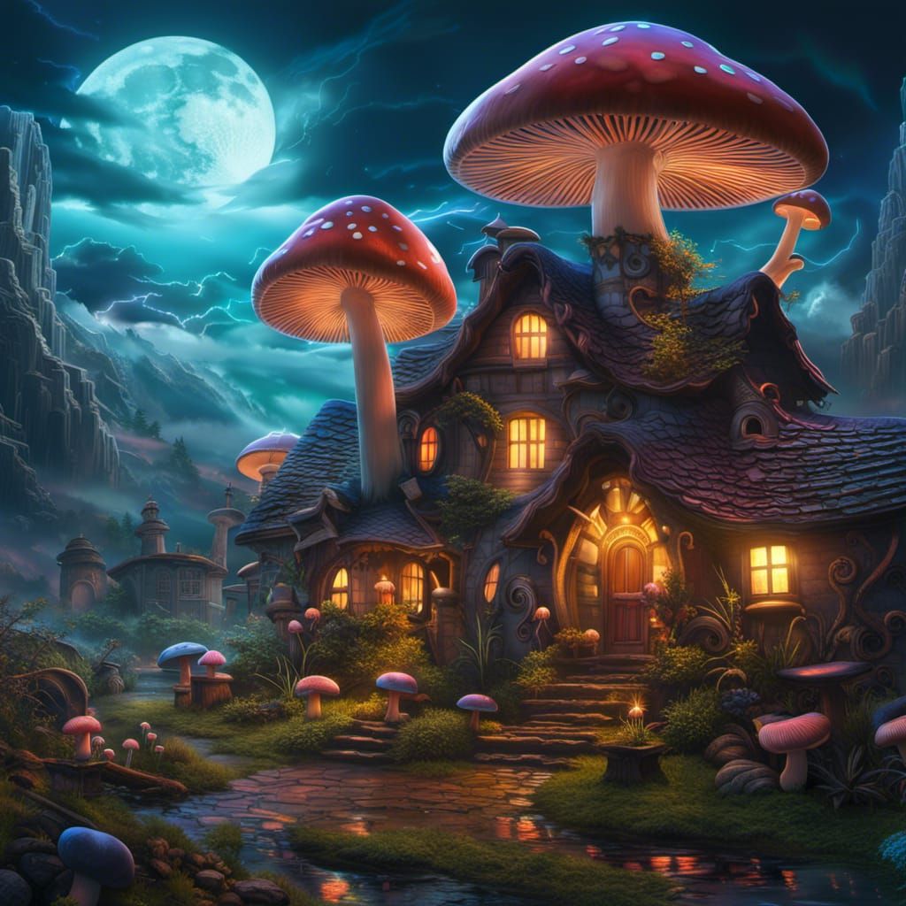 Neon Mushroom Village Under Cosmic Sky