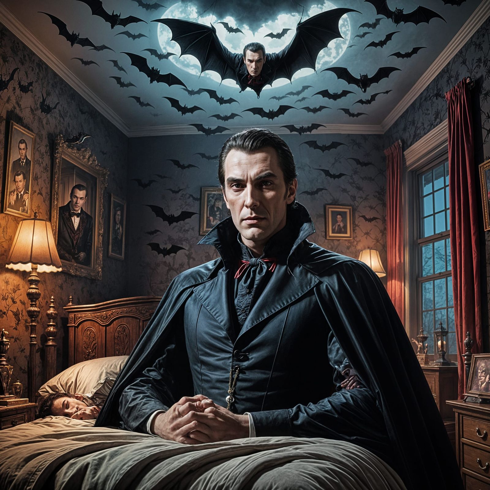 Ethereal 1970s-Style Portrait of a Sleeping Count Dracula wi...