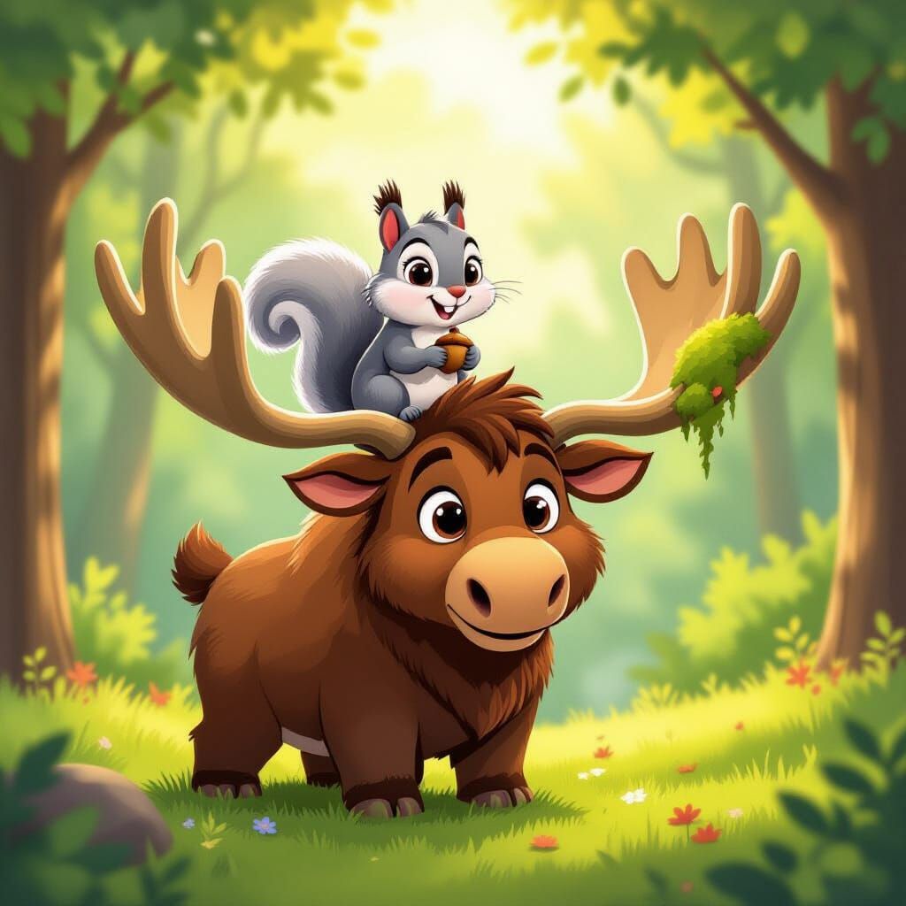 Gray Squirrel and Moose in Sunny Forest Clearing
