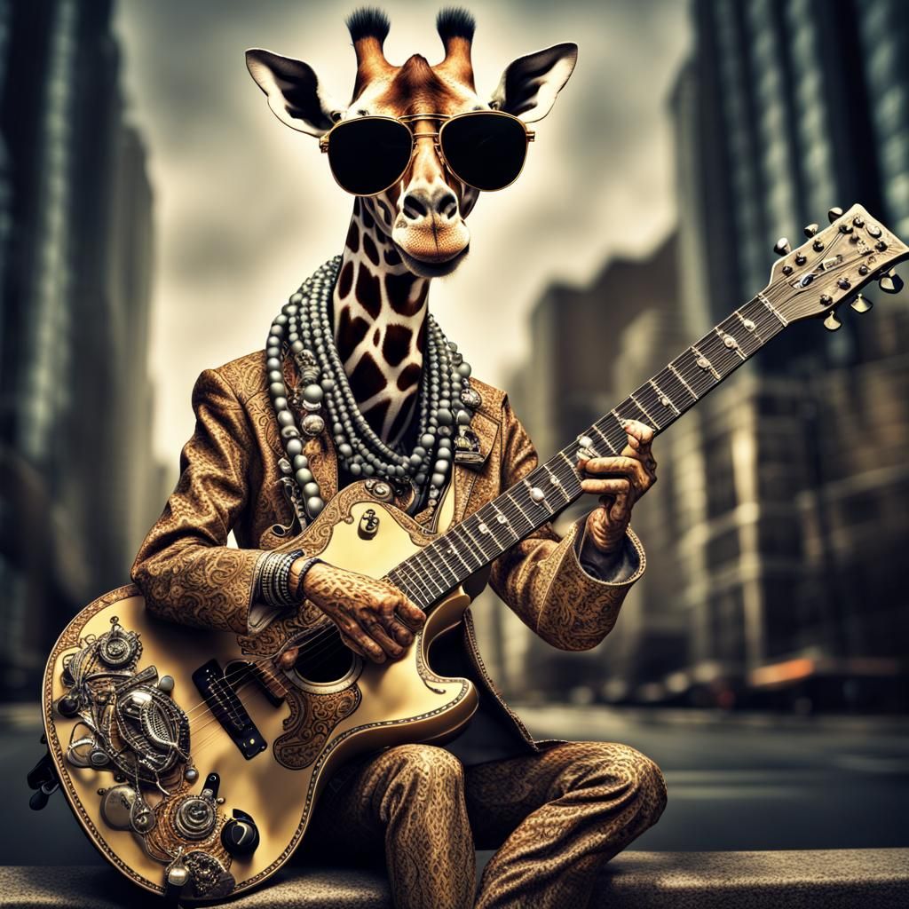 Hip Hop Giraffe Guitarist in Hyperrealistic Detail
