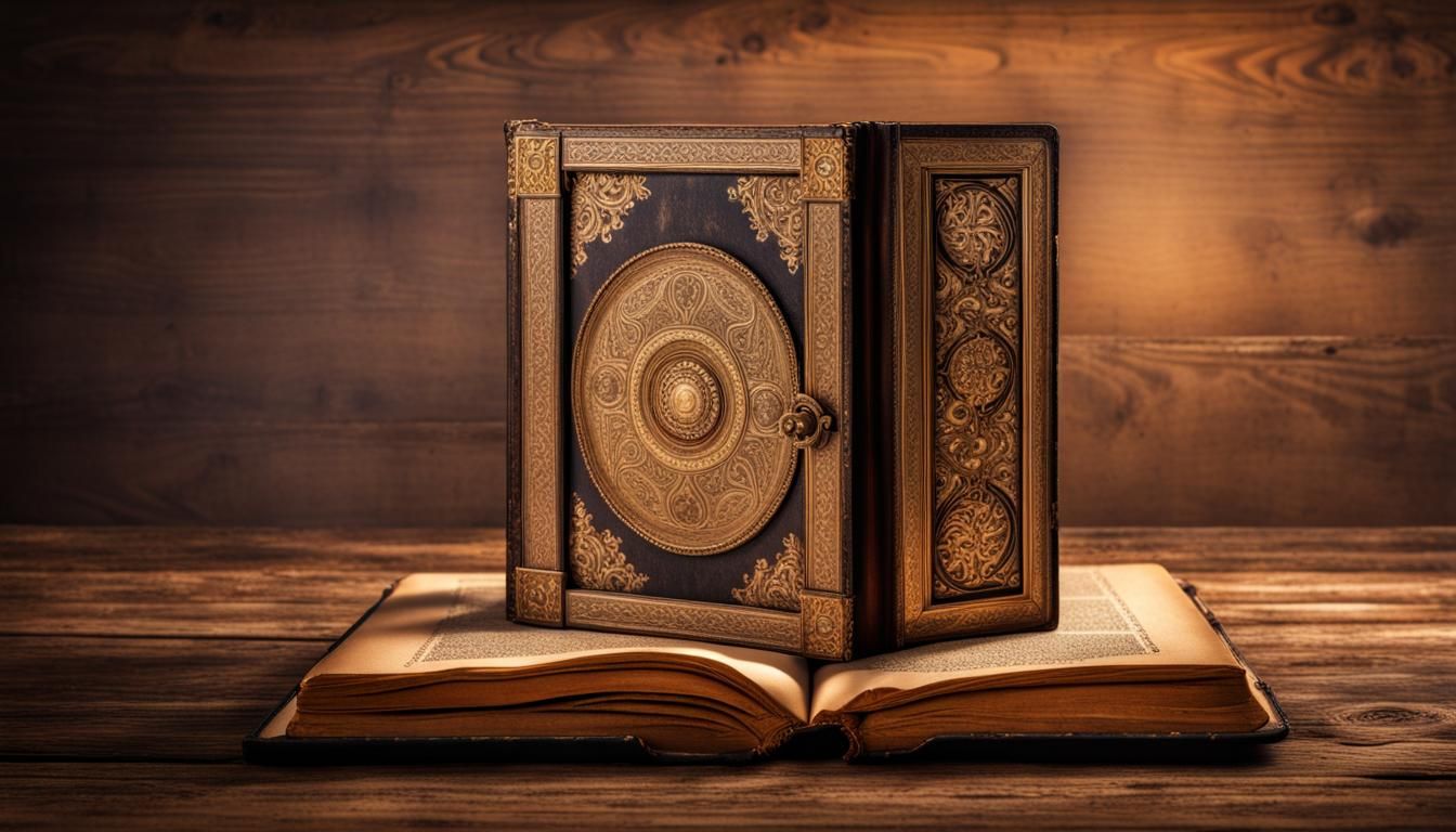 Ornate Antique Book on Wooden Table