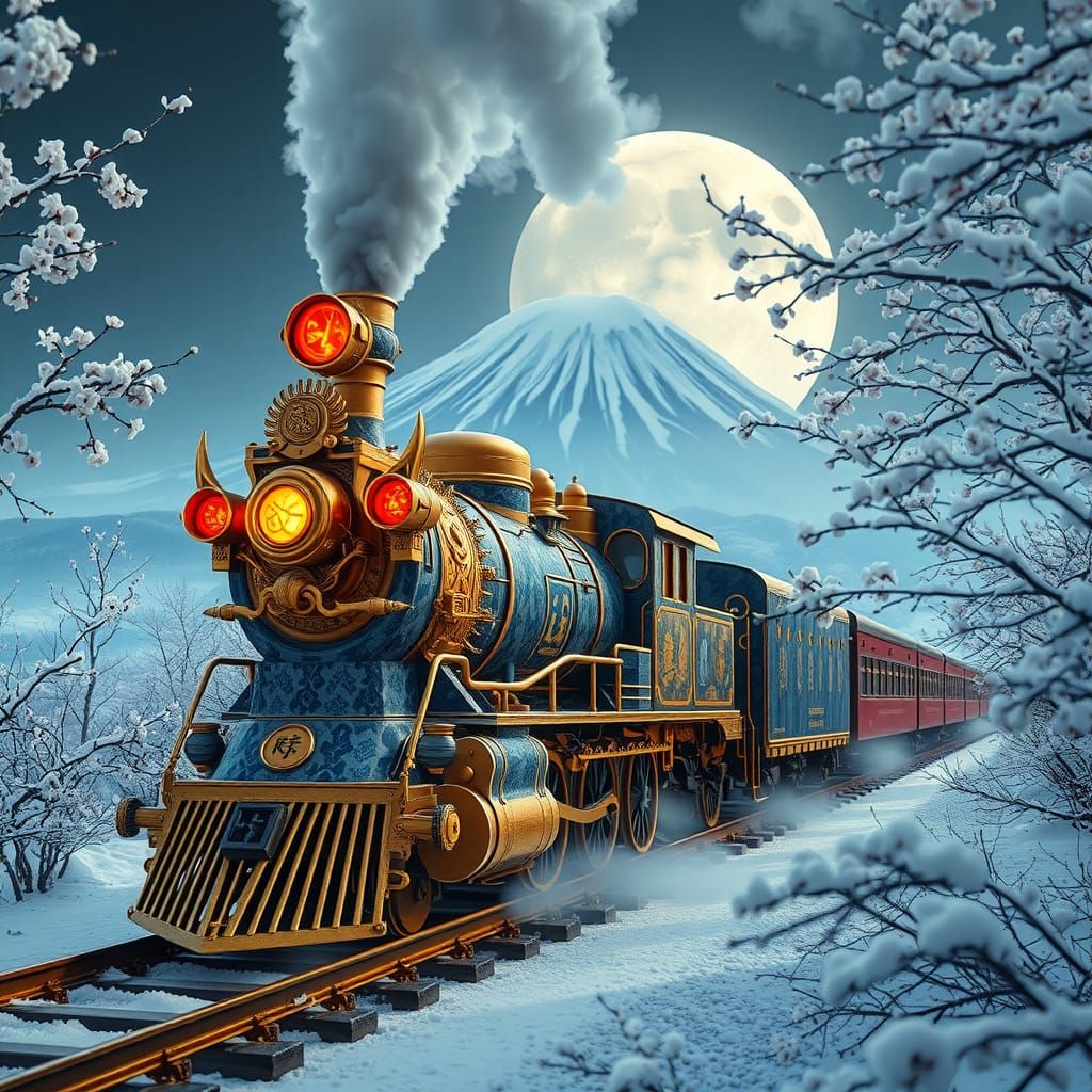 Steampunk Japanese Train in Snowy Forest
