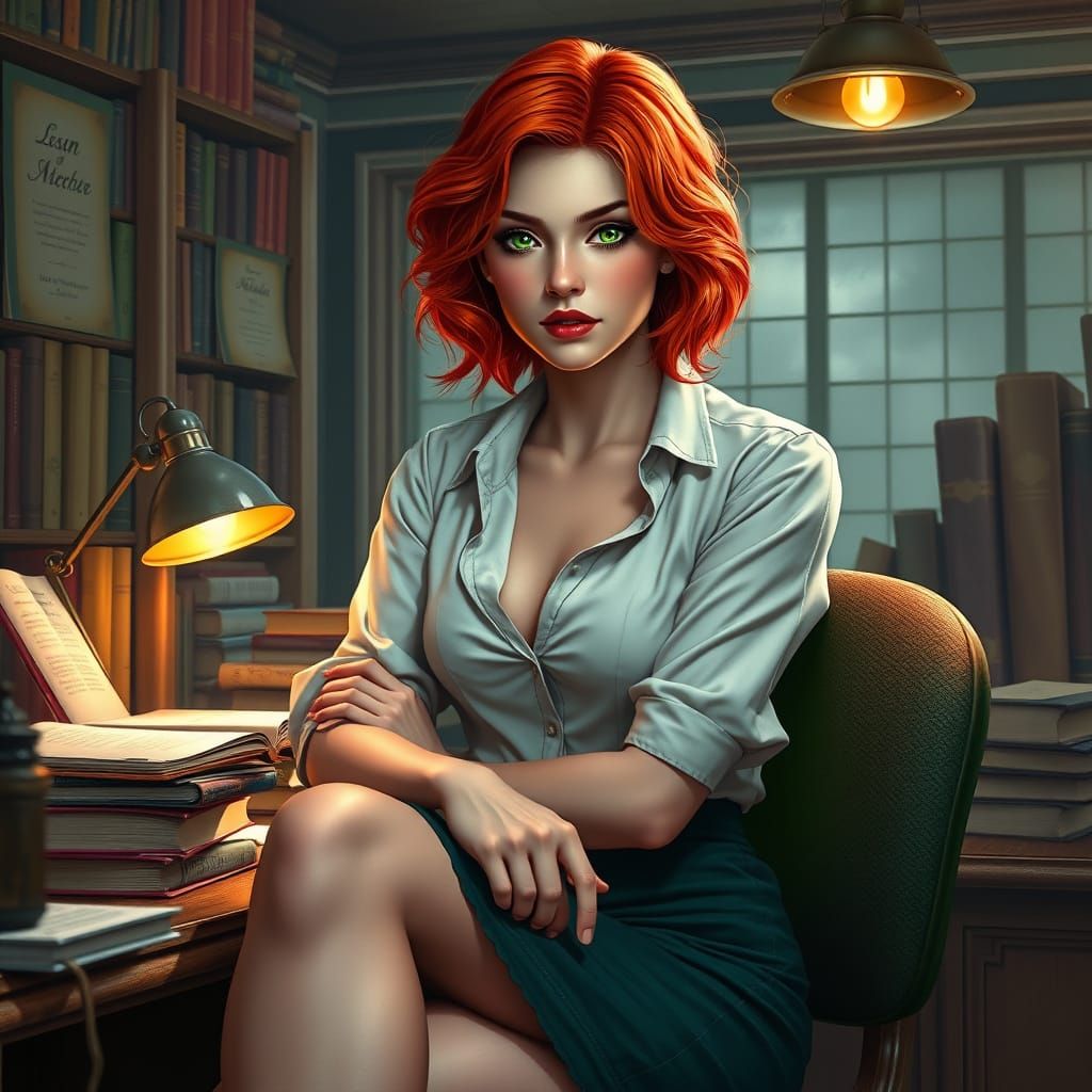 Red-Haired Librarian Portrait in Art Nouveau Style