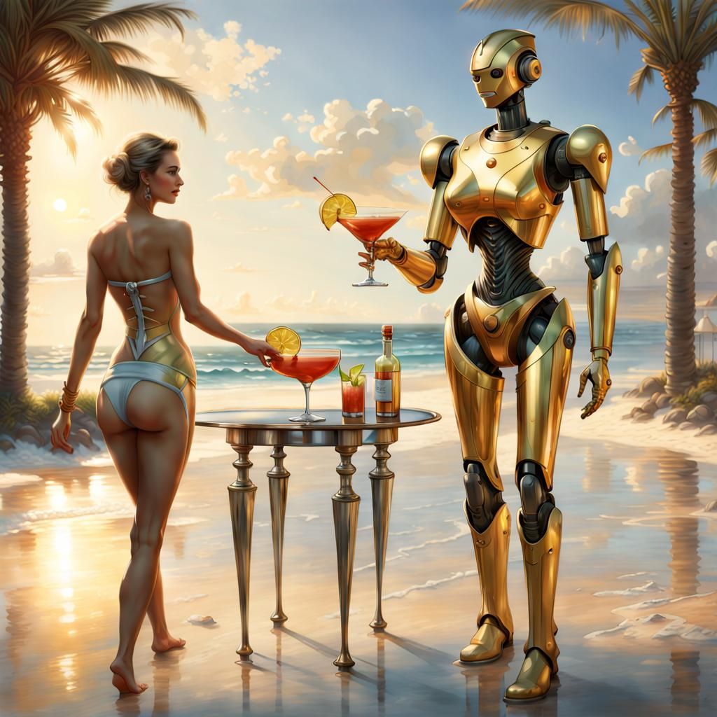 Golden Robot Butler Serves Cocktails, Art Nouveau Style