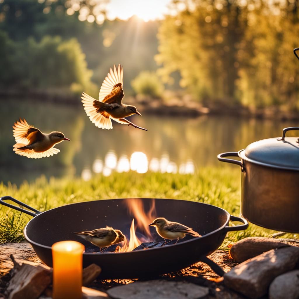 Countryside Lake Scene with Animals Cooking, Hyperrealism