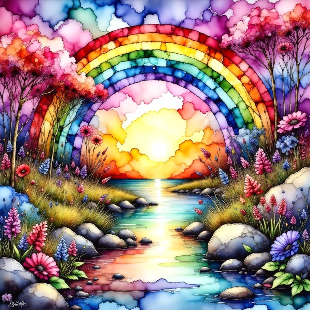 Surreal Rainbow Landscape in Whimsical Watercolor Style