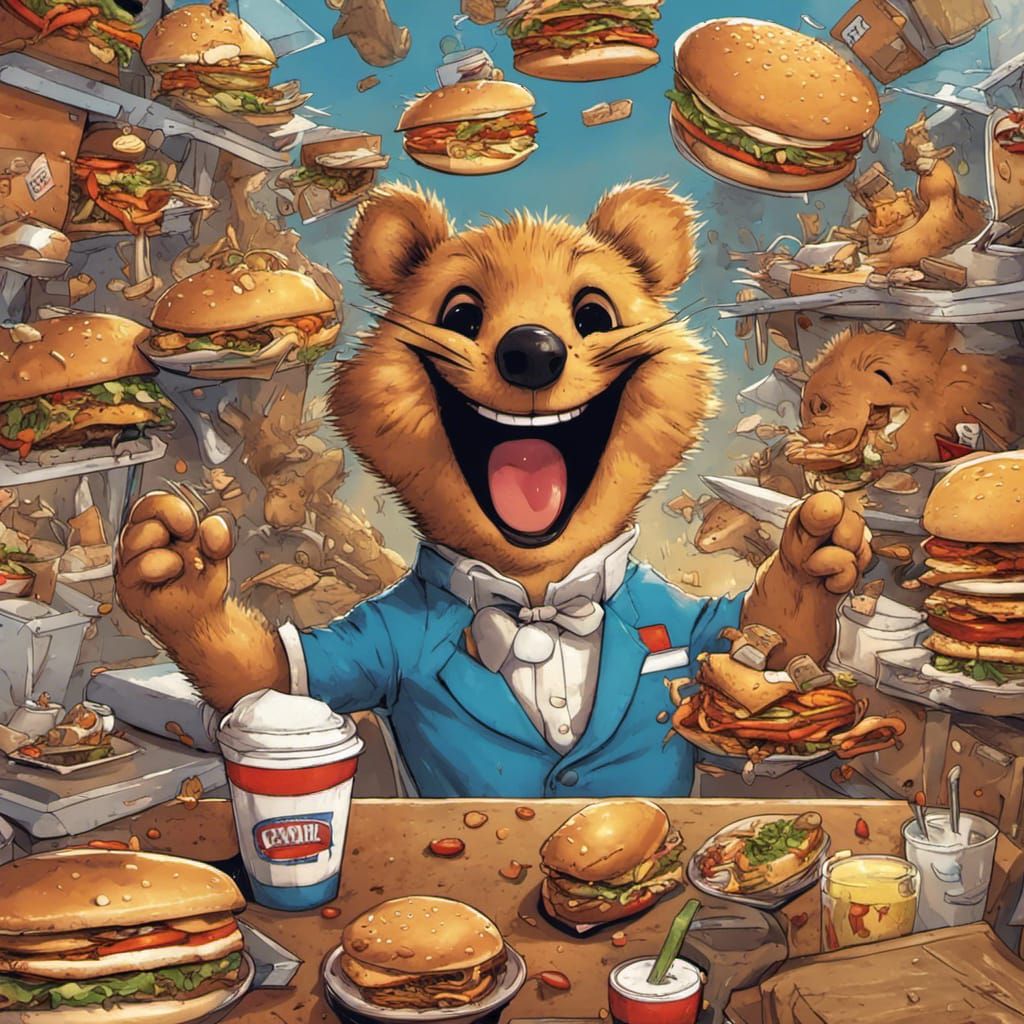 Quokkas Working in Fast Food Restaurant as Comic Book Art
