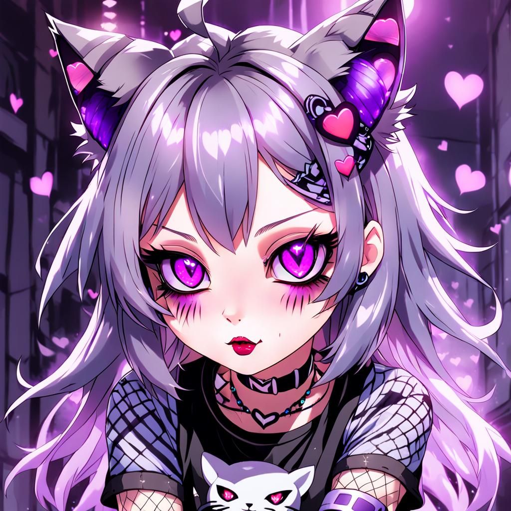 Grunge Anime Cat Girl Portrait with Glowing Accents