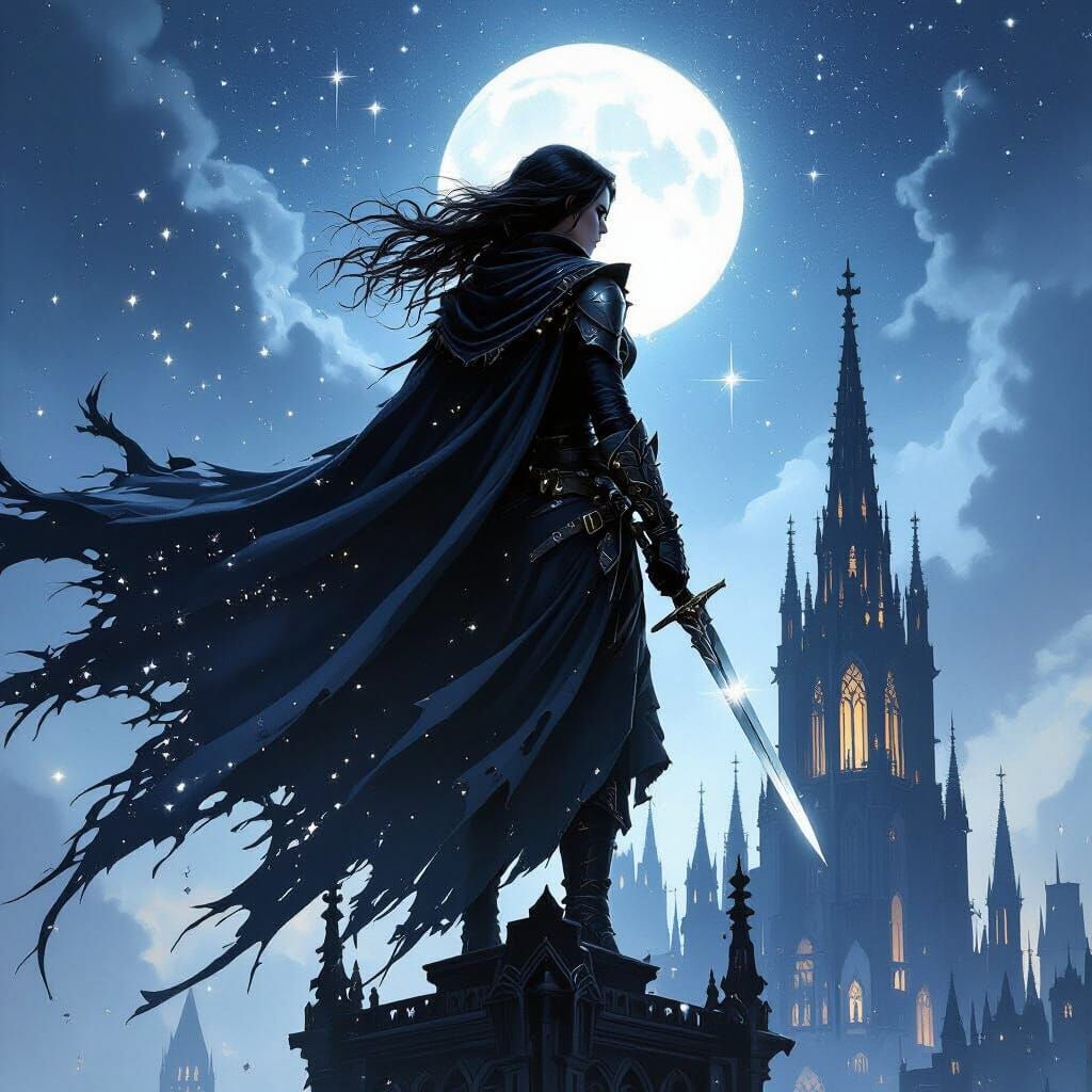 Vin from Mistborn on Cathedral Rooftop with Daggers