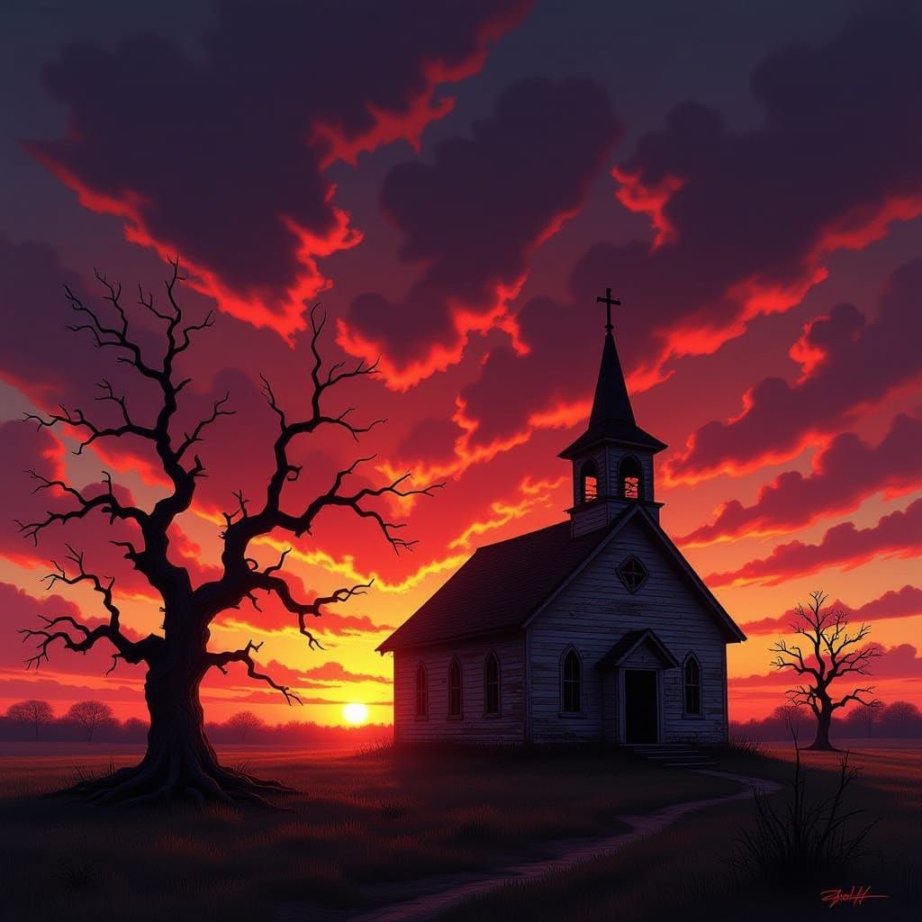 Weathered Country Church at Fiery Sunset